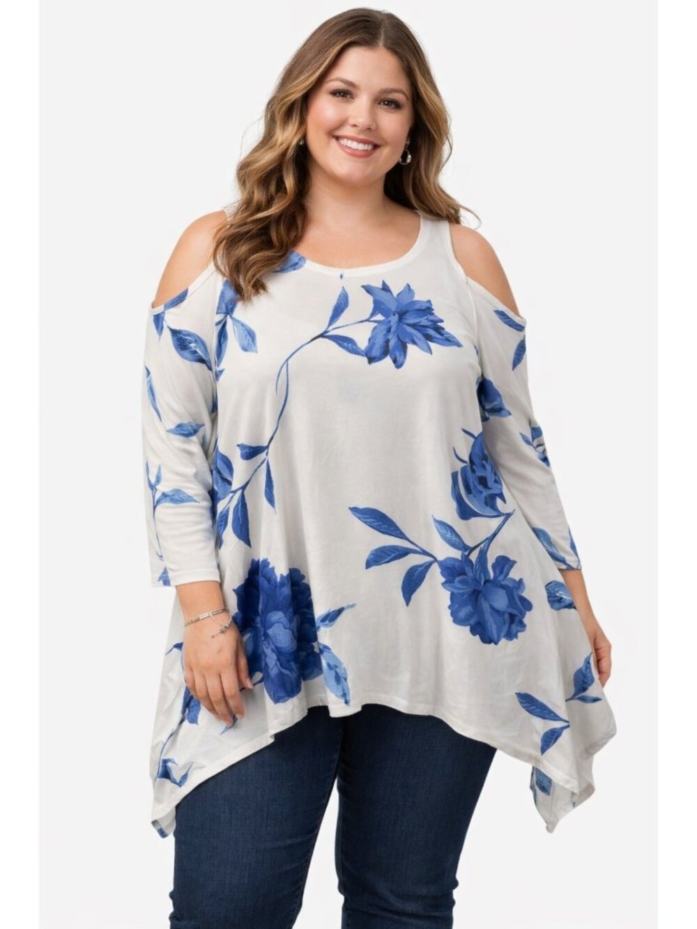 White Mark Tunic Top Large Blue Floral Cold Shoulder Asymmetrical Summer Boho